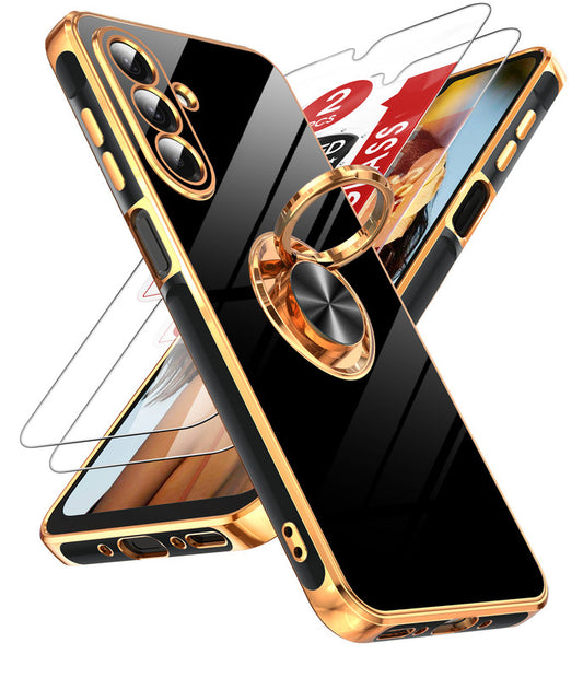 LeYi for Samsung Galaxy A26 5G Case: with 2 Pack Tempered Glass Screen Protector and Rotatable Ring Holder Magnetic Kickstand, Plating Rose Gold Edge Case