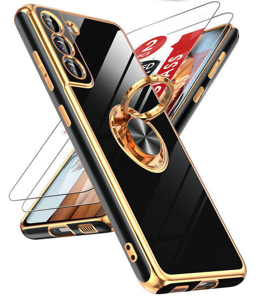 LeYi for Samsung Galaxy S21 FE 5G Case: with 2 Pack Tempered Glass Screen Protector and Rotatable Ring Holder Magnetic Kickstand, Plating Rose Gold Edge Case