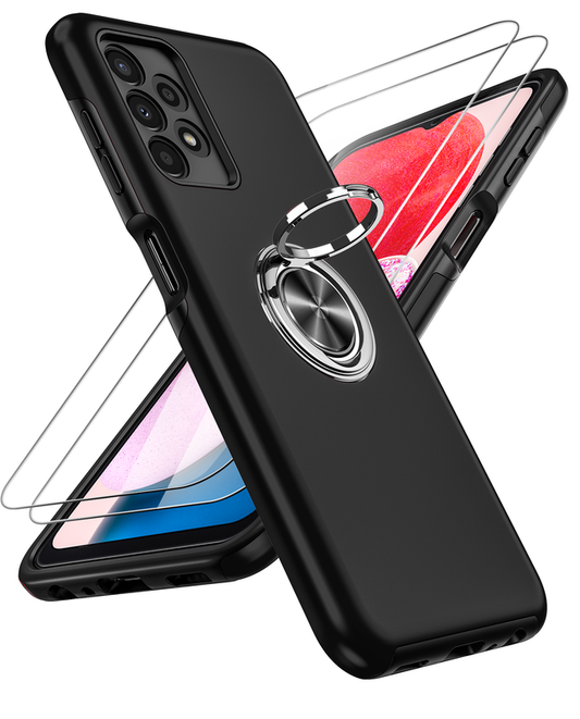 LeYi for Samsung Galaxy A13 4G Case with Glass Screen Protector, Shockproof Heavy Duty Protective Slim Fit Samsung Galaxy A13 4G Cell Phone Case Cover with Rotatable Ring Holder Magnetic Kickstand for Women