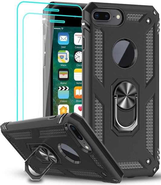 LeYi for iPhone 8 Plus/7 Plus Case, iPhone 6s Plus/6 Plus Phone Case with Glass Screen Protector Replacement, Military-Grade Shockproof Magnetic Ring Stand Cell Android Case Cover