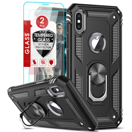 LeYi for iPhone X Case/iPhone XS Phone Case with Glass Screen Protector Replacement, Military-Grade Shockproof Magnetic Ring Stand Cell Android Case Cover