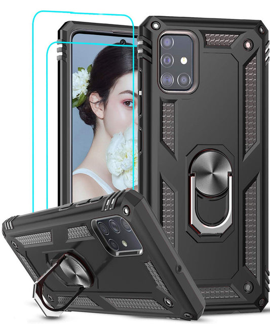 LeYi for Samsung Galaxy A51 Case with Glass Screen Protector Replacement, Military-Grade Shockproof Magnetic Ring Stand Cell Android Case Cover