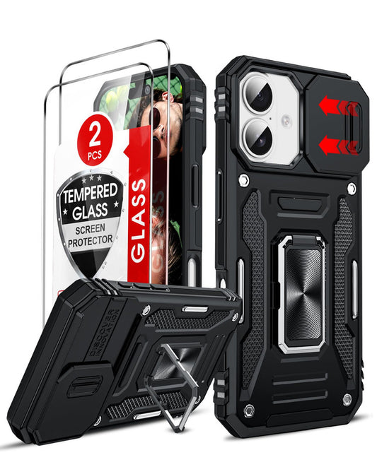 LeYi for iPhone 17 Phone Case, with Camera Lens Cover Slider, Ring Stand Holder Military Grade Protective Shockproof Armour Cover for i Phone 17