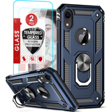 LeYi for iPhone XR Phone Case, iPhone XR Phone Case with Glass Screen Protector Replacement, Military-Grade Shockproof Magnetic Ring Stand Cell Android Case Cover