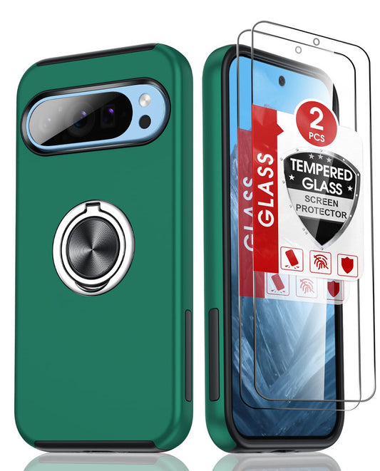 LeYi for Google Pixel 9 Case with Glass Screen Protector, Shockproof Heavy Duty Protective Slim Fit Google Pixel 9 Cell Phone Case Cover with Rotatable Ring Holder Magnetic Kickstand for Women