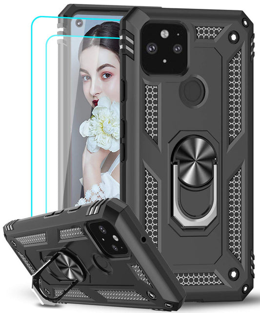LeYi for Google Pixel 5 Case with Glass Screen Protector Replacement, Military-Grade Shockproof Magnetic Ring Stand Cell Android Case Cover