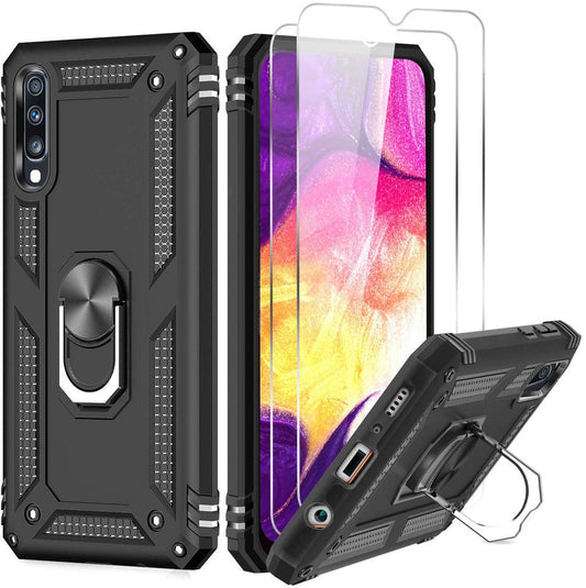 LeYi for Samsung Galaxy A50 Case with Glass Screen Protector Replacement, Military-Grade Shockproof Magnetic Ring Stand Cell Android Case Cover