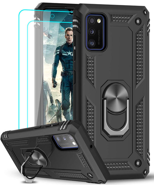 LeYi for Samsung Galaxy A41 Case with Glass Screen Protector Replacement, Military-Grade Shockproof Magnetic Ring Stand Cell Android Case Cover