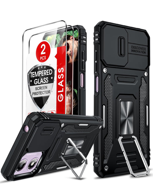 LeYi for Motorola E14/G04/G24/G04s Phone Case, with Camera Lens Cover Slider, Ring Stand Holder Military Grade Protective Shockproof Armour Cover for for Moto E14/GO4/G24/GO4s