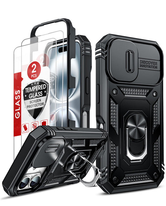 LeYi for iPhone 16 Phone Case: iPhone 16 Case with 2 Tempered Glass Screen Protector, Slide Camera Cover, Ring Stand Holder, Heavy Duty Shockproof para iPhone 16 Cover for Women Girl