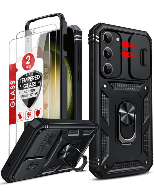 LeYi for Samsung Galaxy S23-FE Case: Galaxy S23 FE Screen Protector X 2 & Rotatable Ring Holder Kickstand, Slide Camera Cover