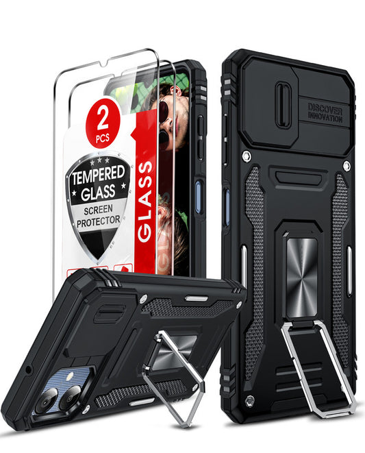 LeYi for Samsung Galaxy A06 Phone Case: with 2 X Tempered Glass Screen Protector, Magnetic Kickstand and Slide Camera Cover