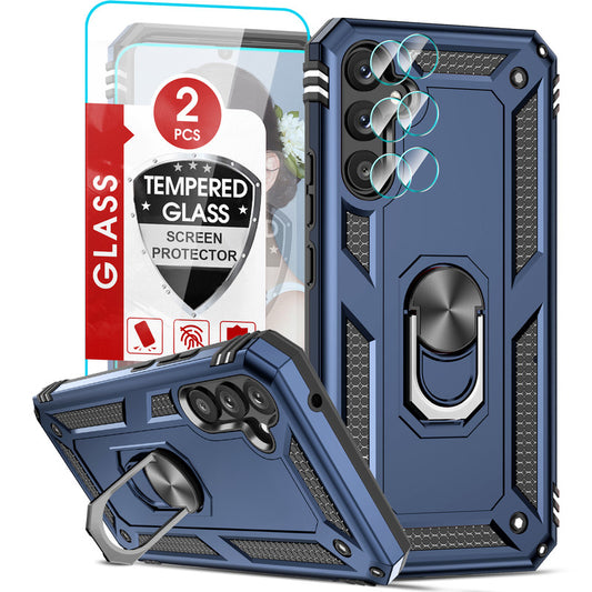 LeYi for Samsung Galaxy A34 5G Case with Glass Screen Protector Replacement, Military-Grade Shockproof Magnetic Ring Stand Cell Android Case Cover