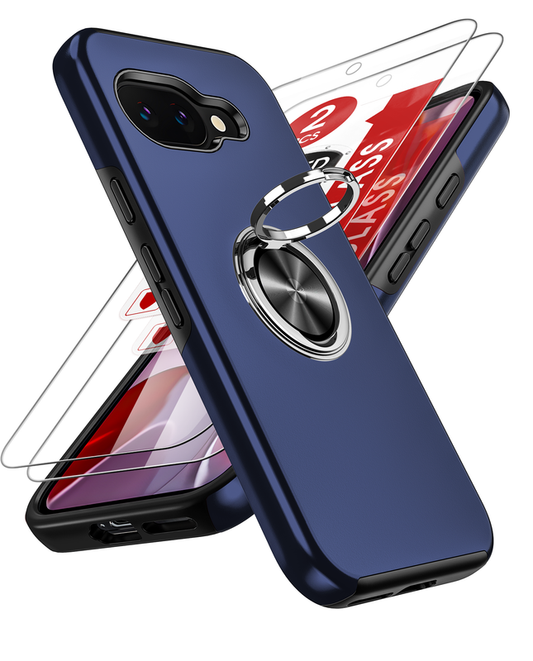 LeYi for Google Pixel 9A Case with Glass Screen Protector, Shockproof Heavy Duty Protective Slim Fit Google Pixel 9A Cell Phone Case Cover with Rotatable Ring Holder Magnetic Kickstand for Women