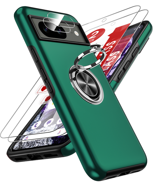 LeYi for Google Pixel 8 Case with Glass Screen Protector and Lens Protector, Shockproof Heavy Duty Protective Slim Fit Google Pixel 8 Cell Phone Case Cover with Rotatable Ring Holder Magnetic Kickstand for Women