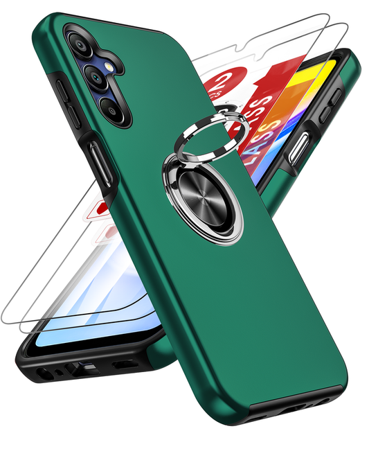 LeYi for Samsung Galaxy A15 5G Case with Glass Screen Protector, Shockproof Heavy Duty Protective Slim Fit Samsung Galaxy A15 5G Cell Phone Case Cover with Rotatable Ring Holder Magnetic Kickstand for Women