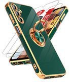 LeYi for Samsung Galaxy A15 5G Case: with 2 Pack Tempered Glass Screen Protector and Rotatable Ring Holder Magnetic Kickstand, Plating Rose Gold Edge Case