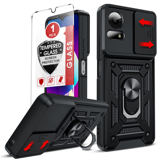 LeYi for TCL 50 LE-Case: with Slide Camera Cover + Tempered Glass Screen Protector, Heavy Duty Rugged Mobile Phone Case Cover Funda para with Magnetic Rotatable Ring Kickstand for TCL 50 LE
