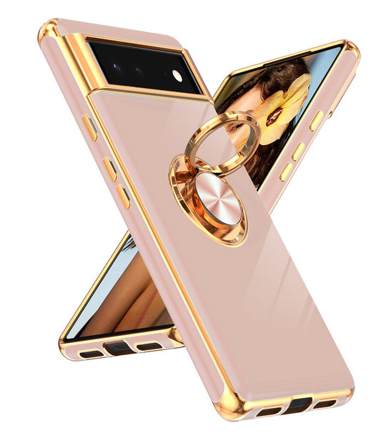 LeYi for Google-Pixel-6 Case: Rotatable Ring Holder Magnetic Kickstand, Plating Rose Gold Edge Case