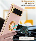 LeYi for Google-Pixel-6 Case: Rotatable Ring Holder Magnetic Kickstand, Plating Rose Gold Edge Case