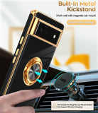 LeYi for Google-Pixel-6 Case: Rotatable Ring Holder Magnetic Kickstand, Plating Rose Gold Edge Case