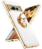 LeYi for Google-Pixel-7 Pro Case: Rotatable Ring Holder Magnetic Kickstand, Plating Rose Gold Edge Case