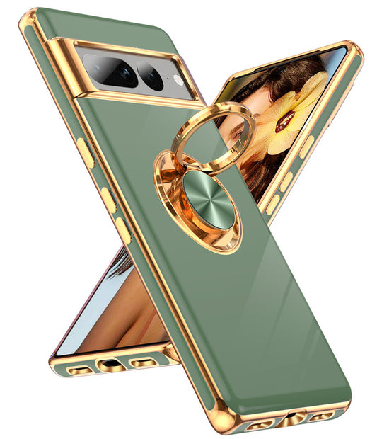LeYi for Google-Pixel-7 Pro Case: Rotatable Ring Holder Magnetic Kickstand, Plating Rose Gold Edge Case