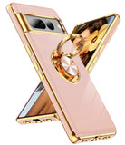 LeYi for Google-Pixel-7 Pro Case: Rotatable Ring Holder Magnetic Kickstand, Plating Rose Gold Edge Case
