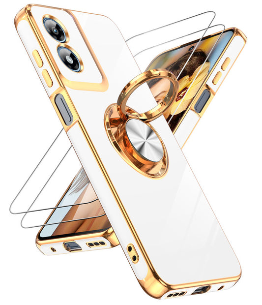 LeYi for Moto G Play 2024 Case: with 1 Pack Tempered Glass Screen Protector and Rotatable Ring Holder Magnetic Kickstand, Plating Rose Gold Edge Case