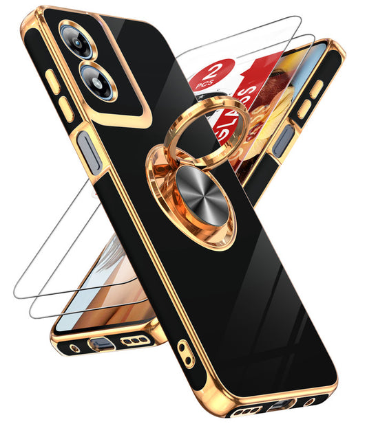 LeYi for Moto G Play 4G 2024 Case: with 2 Pack Tempered Glass Screen Protector and Rotatable Ring Holder Magnetic Kickstand, Plating Rose Gold Edge Case