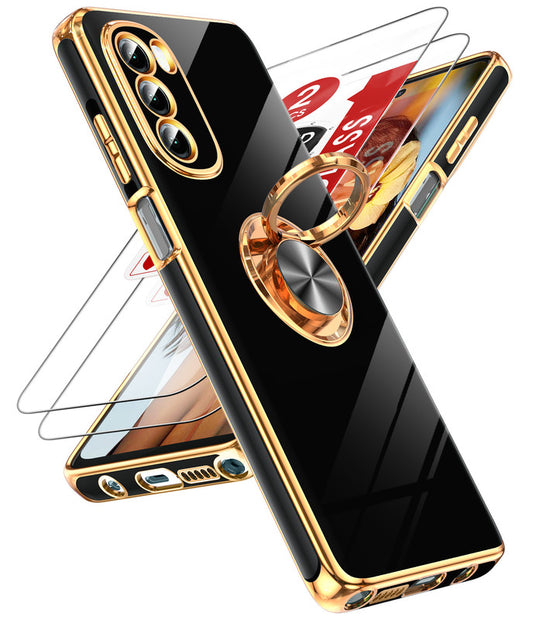 LeYi for Moto G Stylus 5G 2022 Case: with 2 Pack Tempered Glass Screen Protector and Rotatable Ring Holder Magnetic Kickstand, Plating Rose Gold Edge Case