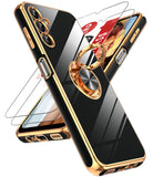 LeYi for Samsung Galaxy A14 5G Case: with 2 Pack Tempered Glass Screen Protector and Rotatable Ring Holder Magnetic Kickstand, Plating Rose Gold Edge Case