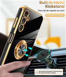 LeYi for Samsung Galaxy A14 5G Case: with 2 Pack Tempered Glass Screen Protector and Rotatable Ring Holder Magnetic Kickstand, Plating Rose Gold Edge Case