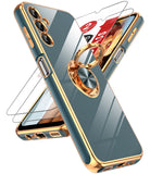LeYi for Samsung Galaxy A14 5G Case: with 2 Pack Tempered Glass Screen Protector and Rotatable Ring Holder Magnetic Kickstand, Plating Rose Gold Edge Case