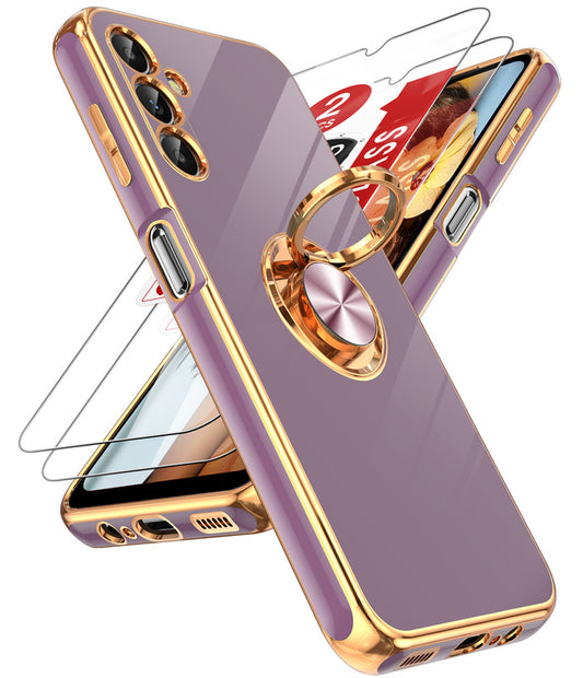 LeYi for Samsung Galaxy A14 5G Case: with 2 Pack Tempered Glass Screen Protector and Rotatable Ring Holder Magnetic Kickstand, Plating Rose Gold Edge Case