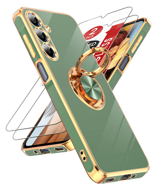 LeYi for Samsung Galaxy A16 5G Case: with 2 Pack Tempered Glass Screen Protector and Rotatable Ring Holder Magnetic Kickstand, Plating Rose Gold Edge Case