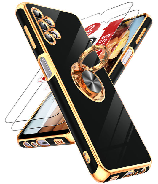 LeYi for Samsung Galaxy A32 5G Case: with 2 Pack Tempered Glass Screen Protector and Rotatable Ring Holder Magnetic Kickstand, Plating Rose Gold Edge Case