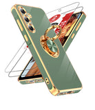 LeYi for Samsung Galaxy A35 5G Case: with 2 Pack Tempered Glass Screen Protector and Rotatable Ring Holder Magnetic Kickstand, Plating Rose Gold Edge Case