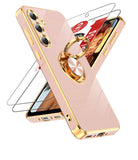 LeYi for Samsung Galaxy A35 5G Case: with 2 Pack Tempered Glass Screen Protector and Rotatable Ring Holder Magnetic Kickstand, Plating Rose Gold Edge Case