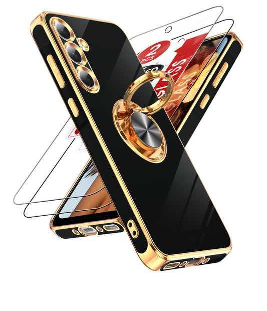 LeYi for Samsung Galaxy A35 5G Case: with 2 Pack Tempered Glass Screen Protector and Rotatable Ring Holder Magnetic Kickstand, Plating Rose Gold Edge Case