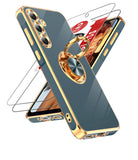 LeYi for Samsung Galaxy A35 5G Case: with 2 Pack Tempered Glass Screen Protector and Rotatable Ring Holder Magnetic Kickstand, Plating Rose Gold Edge Case