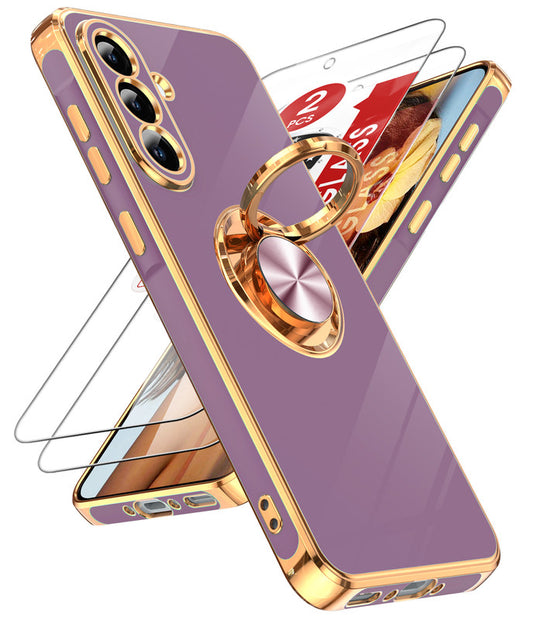 LeYi for Samsung Galaxy A36 5G Case: with 2 Pack Tempered Glass Screen Protector and Rotatable Ring Holder Magnetic Kickstand, Plating Rose Gold Edge Case