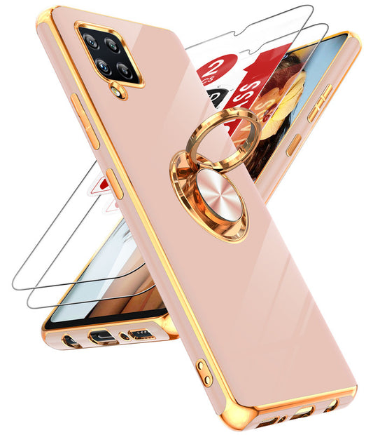 LeYi for Samsung Galaxy A42 5G Case: with 2 Pack Tempered Glass Screen Protector and Rotatable Ring Holder Magnetic Kickstand, Plating Rose Gold Edge Case