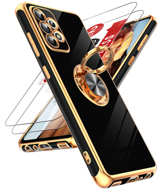 LeYi for Samsung Galaxy A52 5G Case: with 2 Pack Tempered Glass Screen Protector and Rotatable Ring Holder Magnetic Kickstand, Plating Rose Gold Edge Case