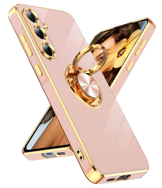 LeYi for Samsung Galaxy A55 5G Case: with Rotatable Ring Holder Magnetic Kickstand, Plating Rose Gold Edge Case