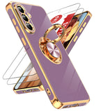 LeYi for Samsung Galaxy A56 5G Case: with 2 Pack Tempered Glass Screen Protector and Rotatable Ring Holder Magnetic Kickstand, Plating Rose Gold Edge Case