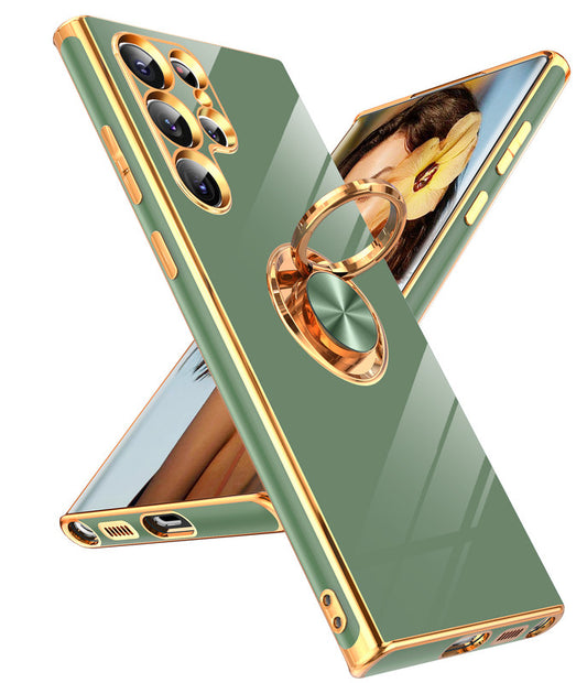 LeYi for Samsung Galaxy S22 Ultra 5G Case: Rotatable Ring Holder Magnetic Kickstand, Plating Rose Gold Edge Case