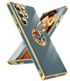 LeYi for Samsung Galaxy S22 Ultra 5G Case: Rotatable Ring Holder Magnetic Kickstand, Plating Rose Gold Edge Case