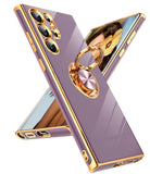 LeYi for Samsung Galaxy S22 Ultra 5G Case: Rotatable Ring Holder Magnetic Kickstand, Plating Rose Gold Edge Case