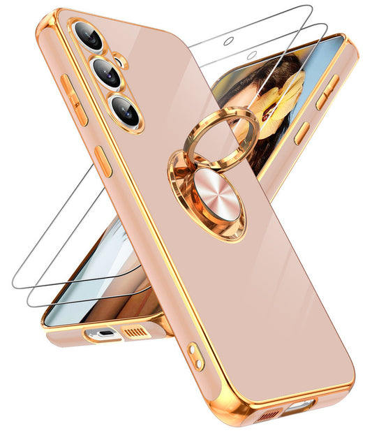 LeYi for Samsung Galaxy S23 FE 5G Case: with 1 Pack Tempered Glass Screen Protector and Rotatable Ring Holder Magnetic Kickstand, Plating Rose Gold Edge Case
